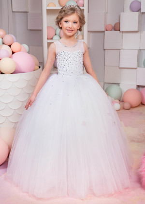 Beaded White Tulle Floor Length Puffy Flower Girl Dress